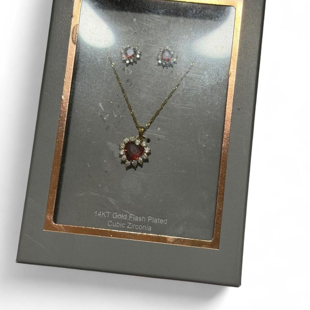 Brilliance heart necklace earrings red heart cubic zirconia stones flash plated